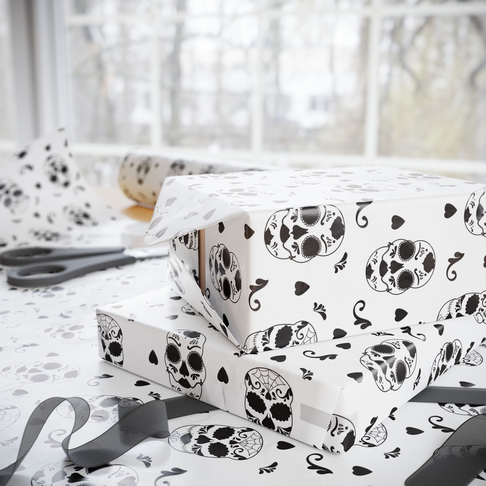 Day of the Dead Glamorous Black & White Sugar Skulls Wrapping Paper | Holiday Gift Wrapping Paper Roll