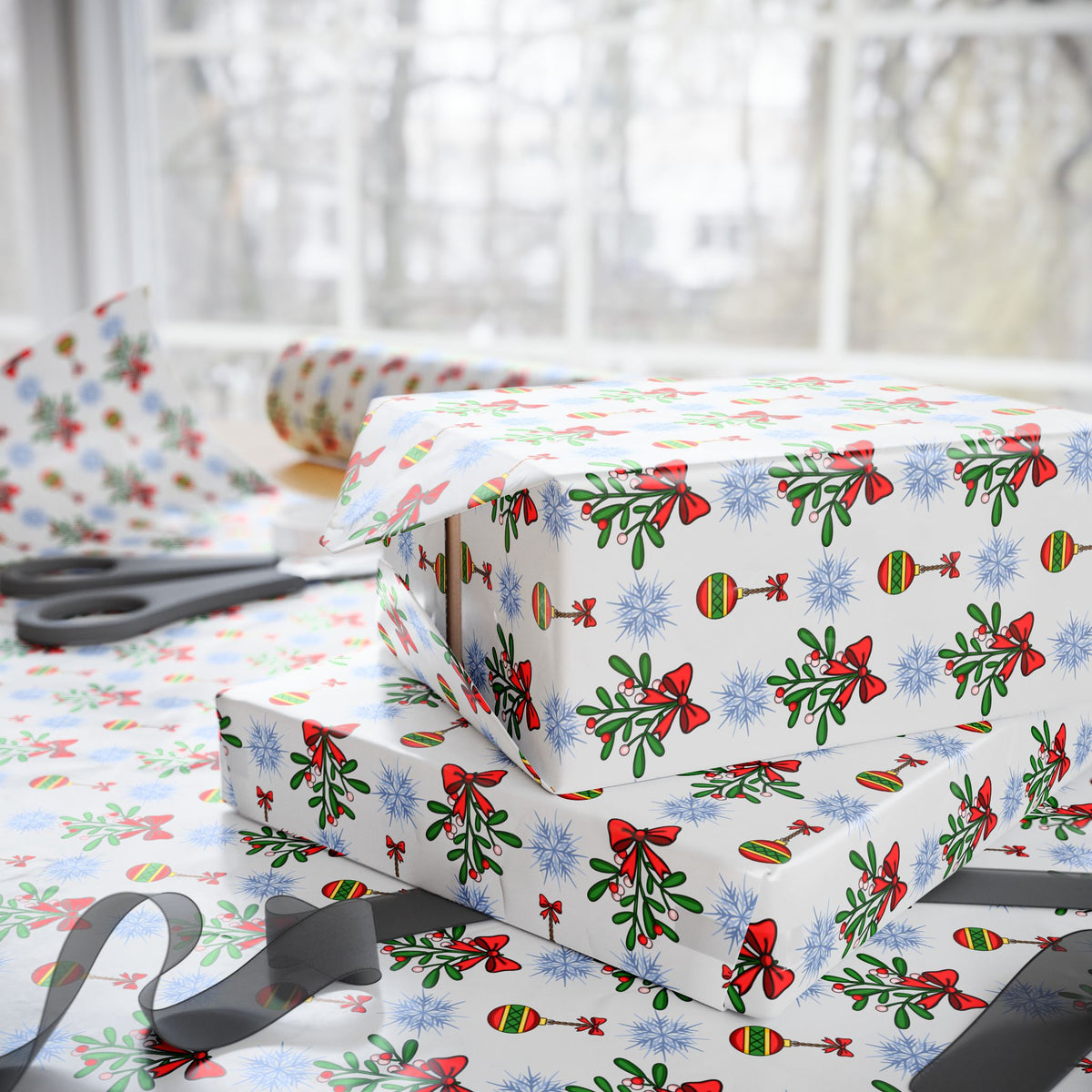 Christmas Cartoon Mistletoe Wrapping Paper | Holiday Gift Wrapping Paper Roll