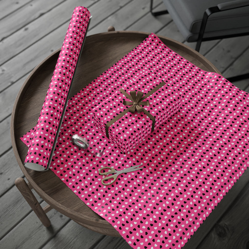 Valentine's Black & White Hearts on Pink Wrapping Paper | Holiday Gift Wrapping Paper Roll