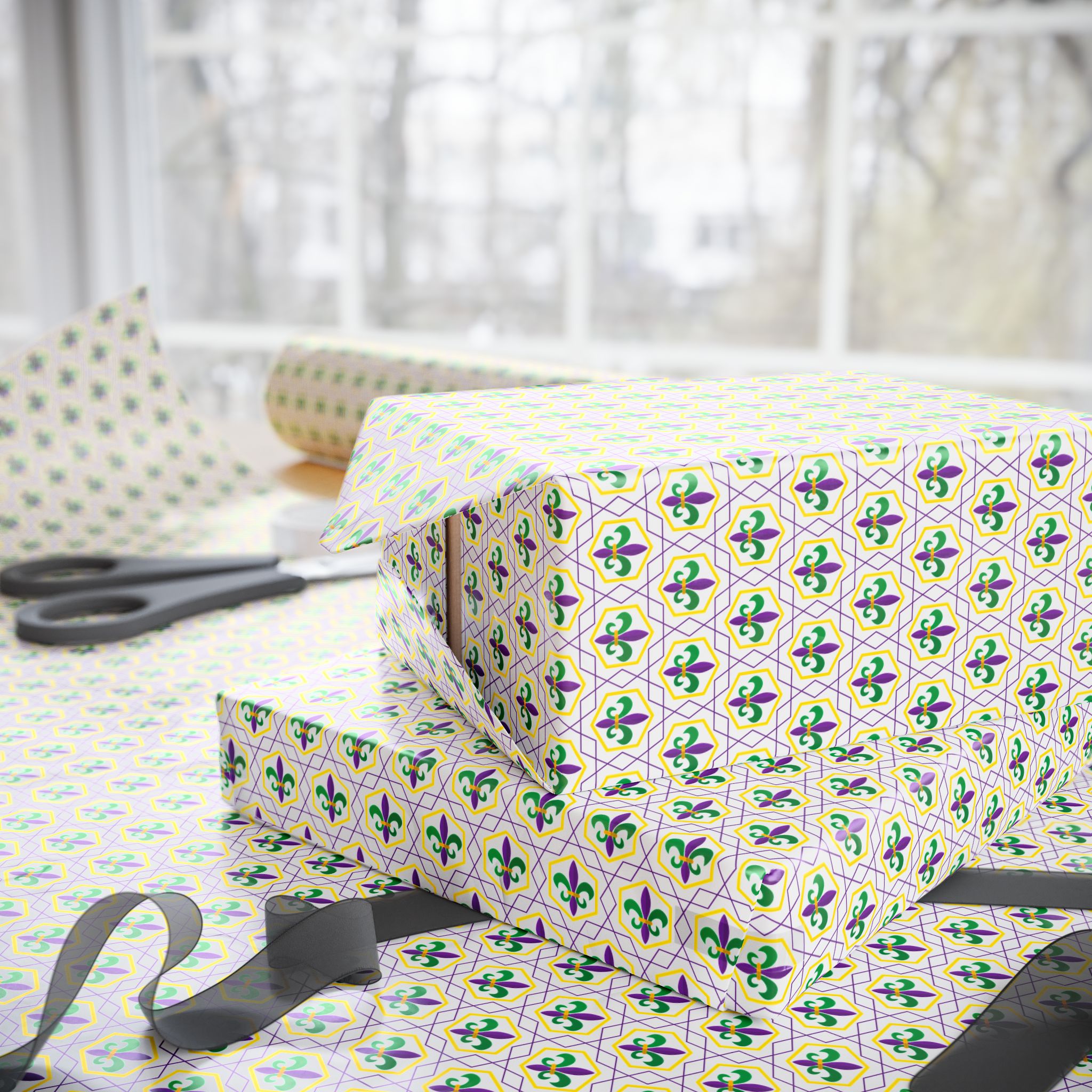 Mardis Gras Fleur De Lis Hexagons Wrapping Paper | Holiday Gift Wrapping Paper Roll