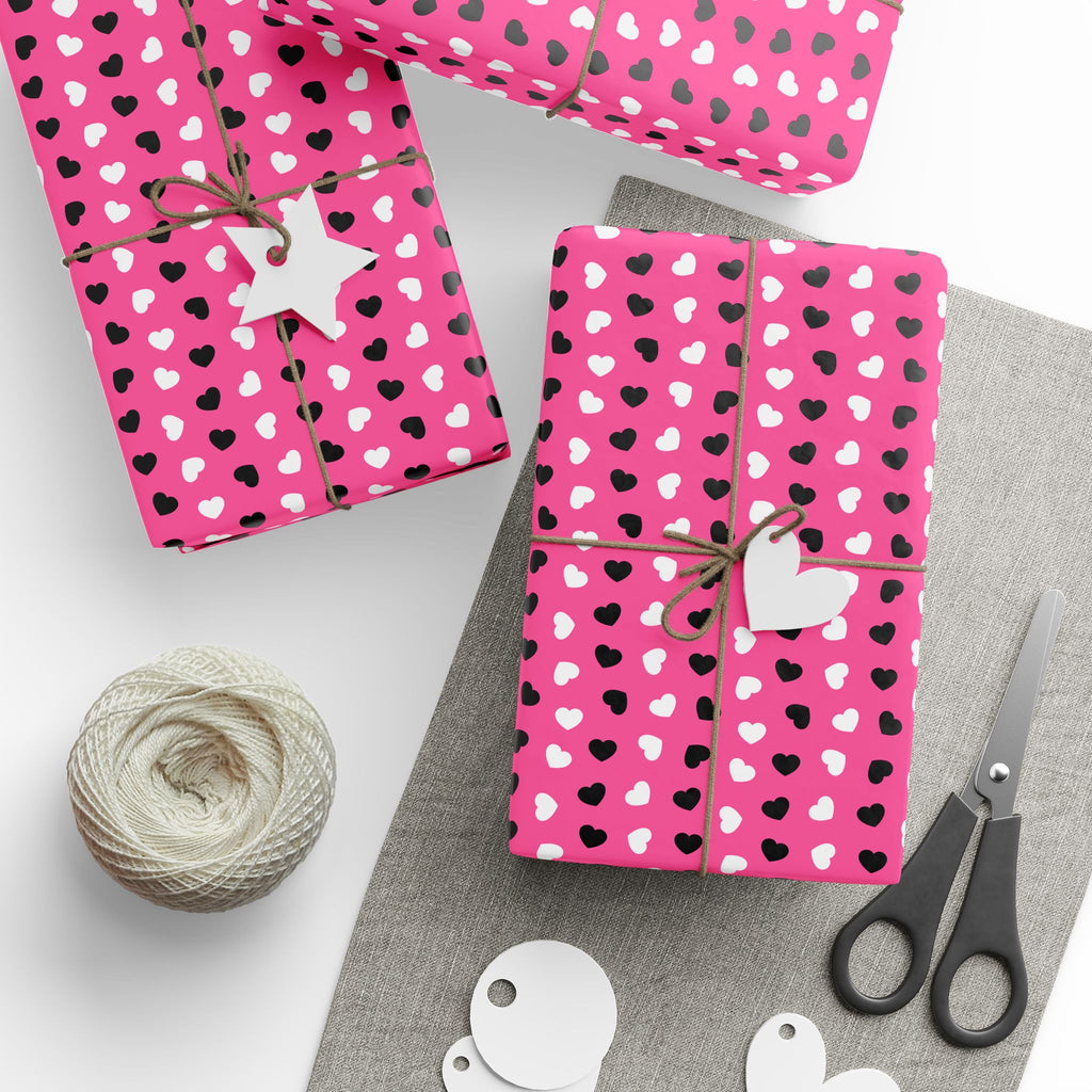 Valentine's Black & White Hearts on Pink Wrapping Paper | Holiday Gift Wrapping Paper Roll