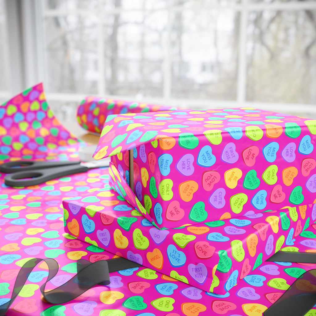 Valentine's Day Candy Hearts on Pink Wrapping Paper | Holiday Gift Wrapping Paper Roll