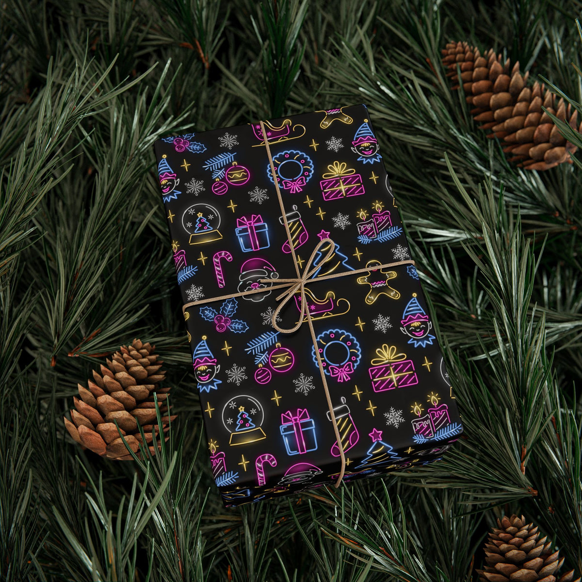 Christmas Neon Icons Wrapping Paper | Holiday Gift Wrapping Paper Roll