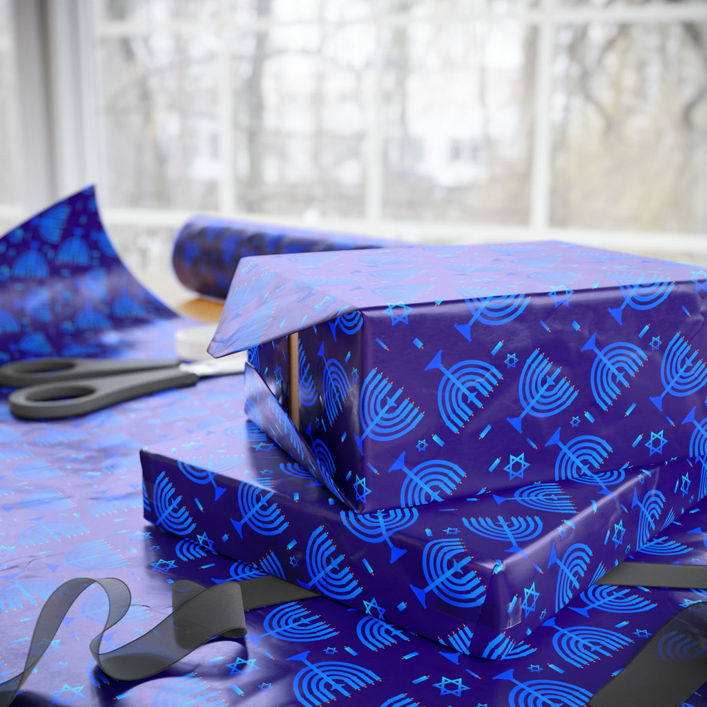 Hanukkah Blue Menorah Wrapping Paper | Holiday Gift Wrapping Paper Roll