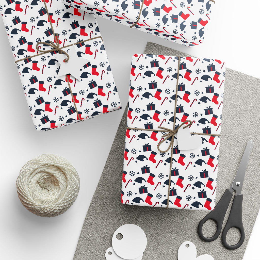 Christmas Red and Blue Stockings Wrapping Paper | Holiday Gift Wrapping Paper Roll