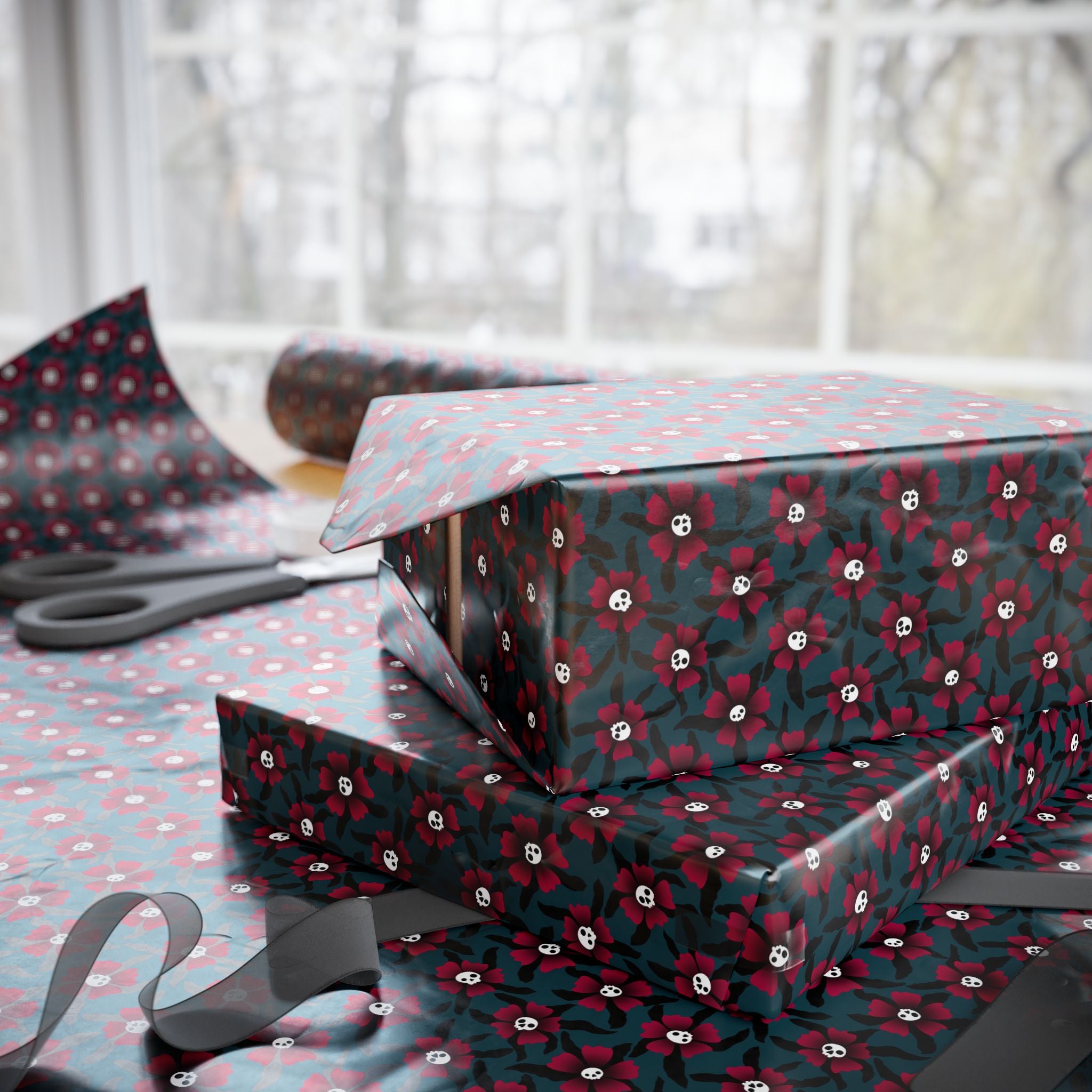 Day of the Dead Autumn Floral Skulls Wrapping Paper | Holiday Gift Wrapping Paper Roll