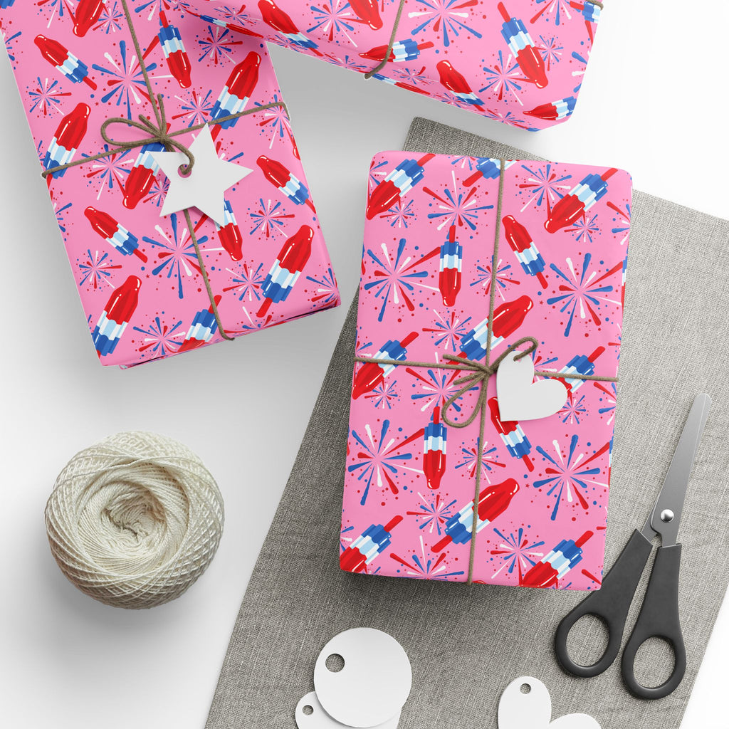 4th of July Rocket Pop on Pink Wrapping Paper | Holiday Gift Wrapping Paper Roll