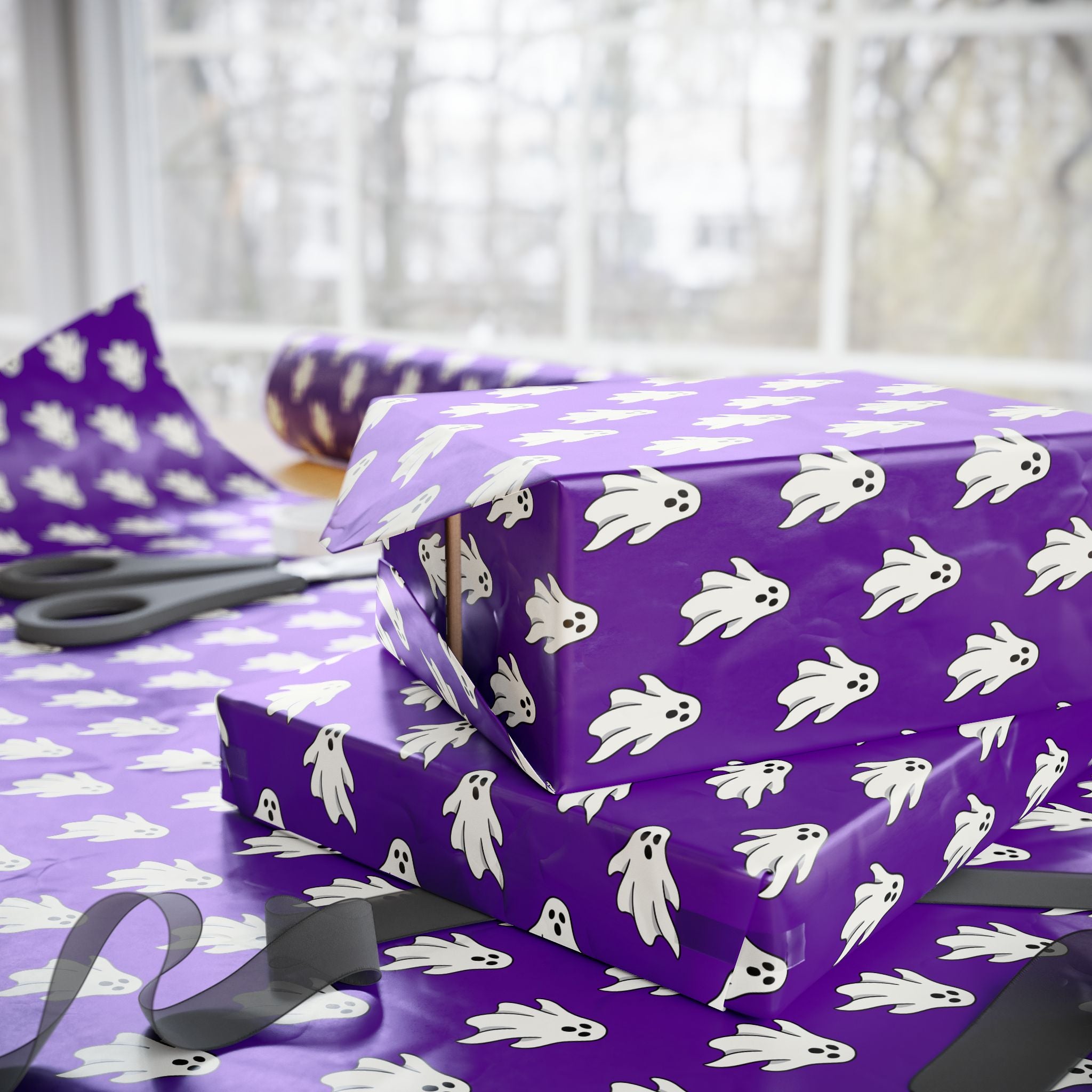 Halloween Vibrant Ghosts on Purple Wrapping Paper | Holiday Gift Wrapping Paper Roll