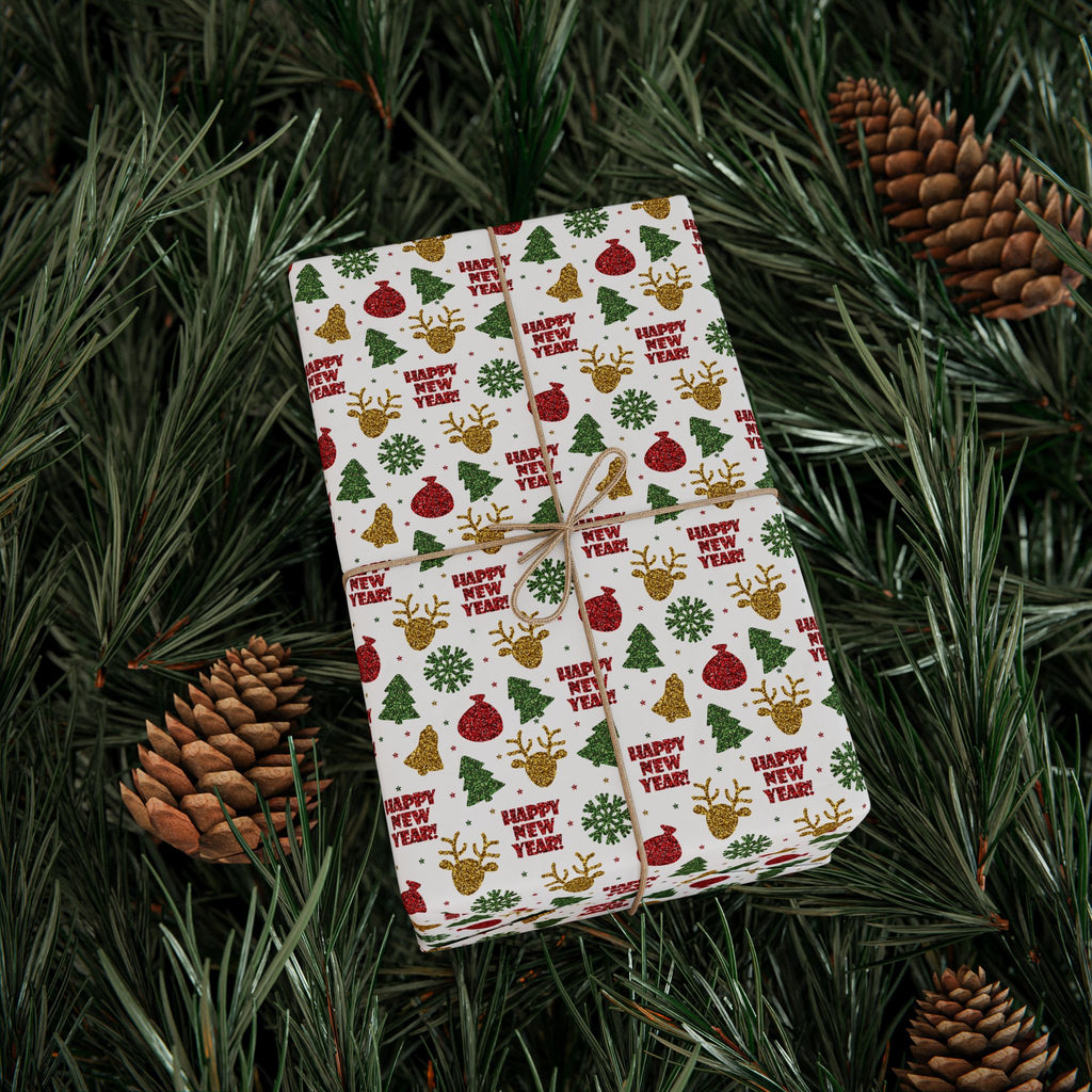 New Year's Glittered Gold Wrapping Paper - Holiday Gift Wrapping Paper Roll