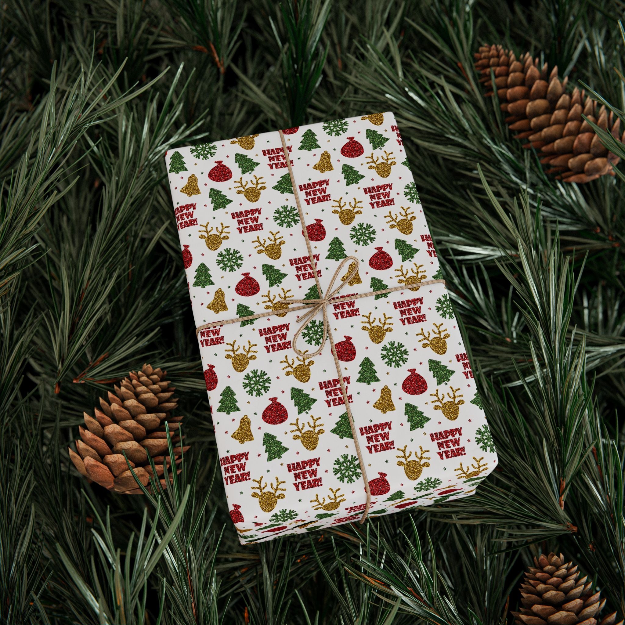 New Year's Glittered Gold Wrapping Paper - Holiday Gift Wrapping Paper Roll