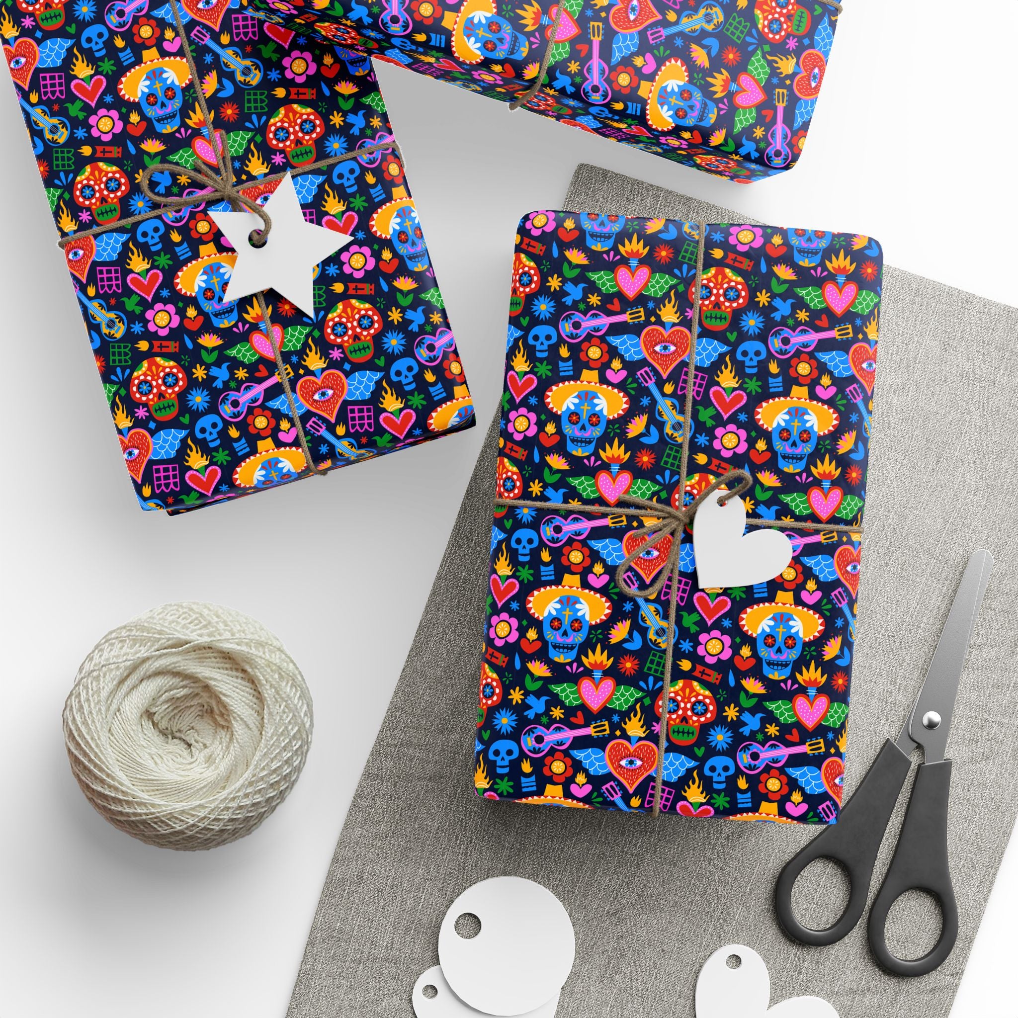 Day of the Dead Navy Sacred Heart Wrapping Paper | Holiday Gift Wrapping Paper Roll