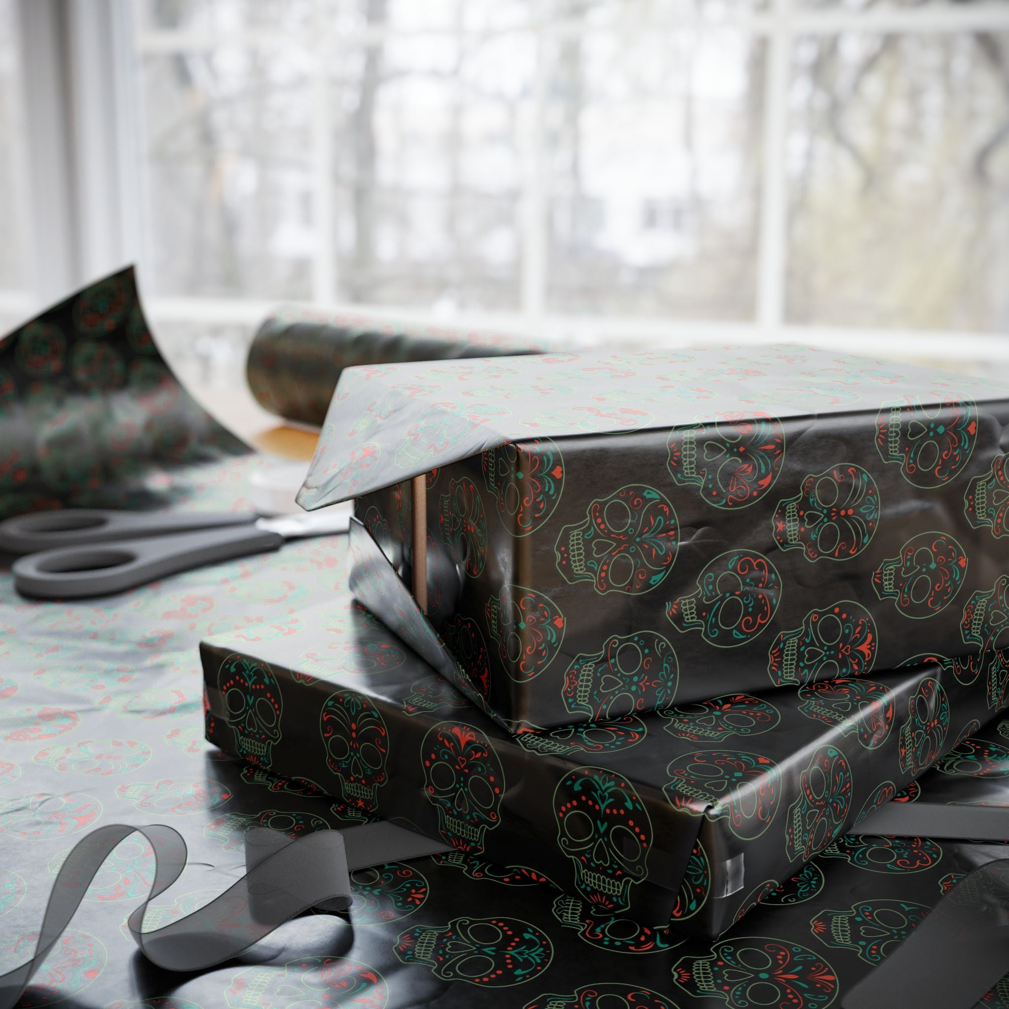 Day of the Dead Sugar Skull Outlines Wrapping Paper | Holiday Gift Wrapping Paper Roll