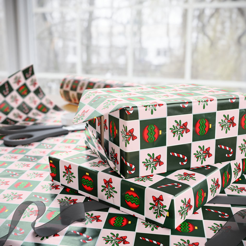 Christmas Checkerboard Mistletoe Wrapping Paper | Holiday Gift Wrapping Paper Roll