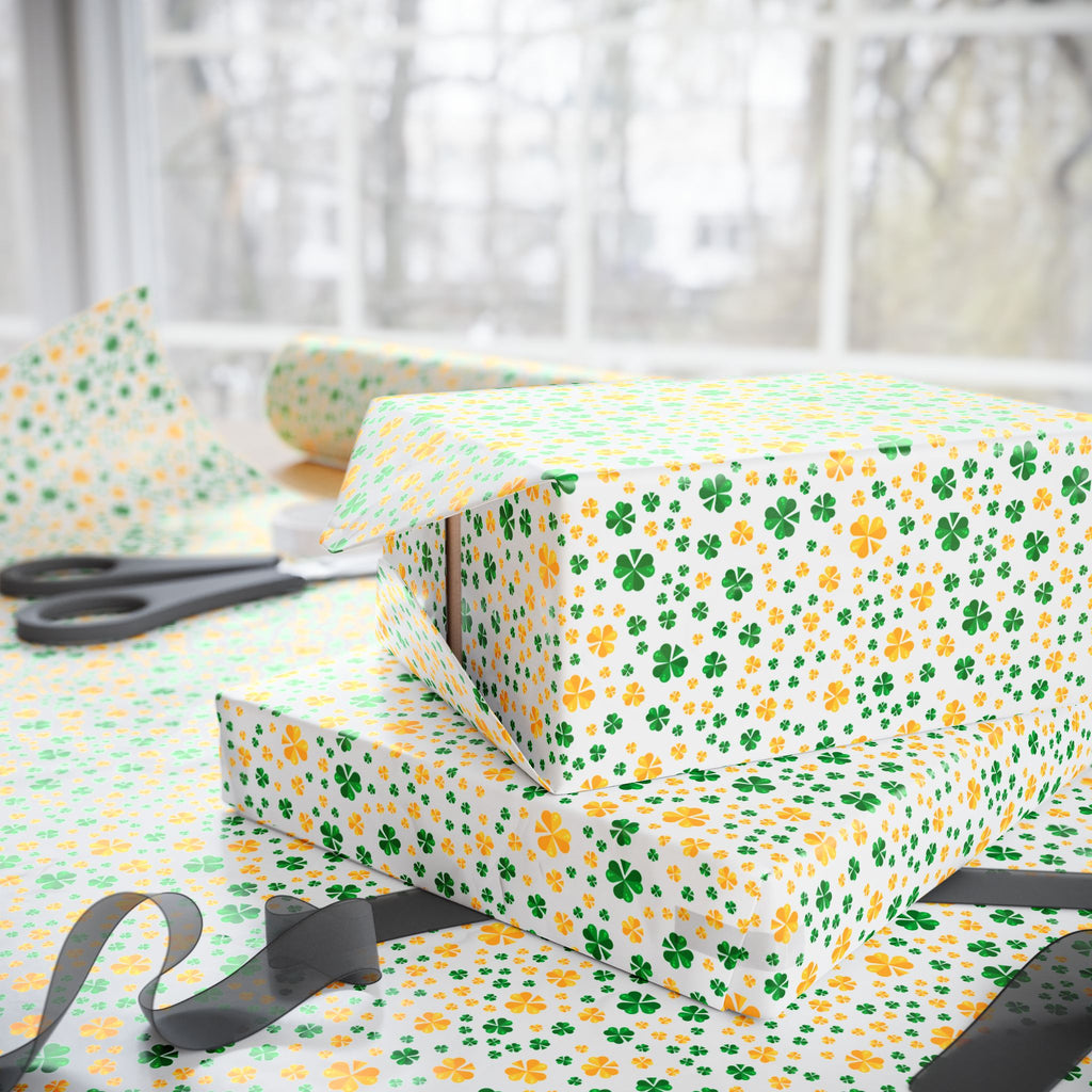 St Patrick's Day Green & Gold Clover Wrapping Paper | Holiday Gift Wrapping Paper Roll