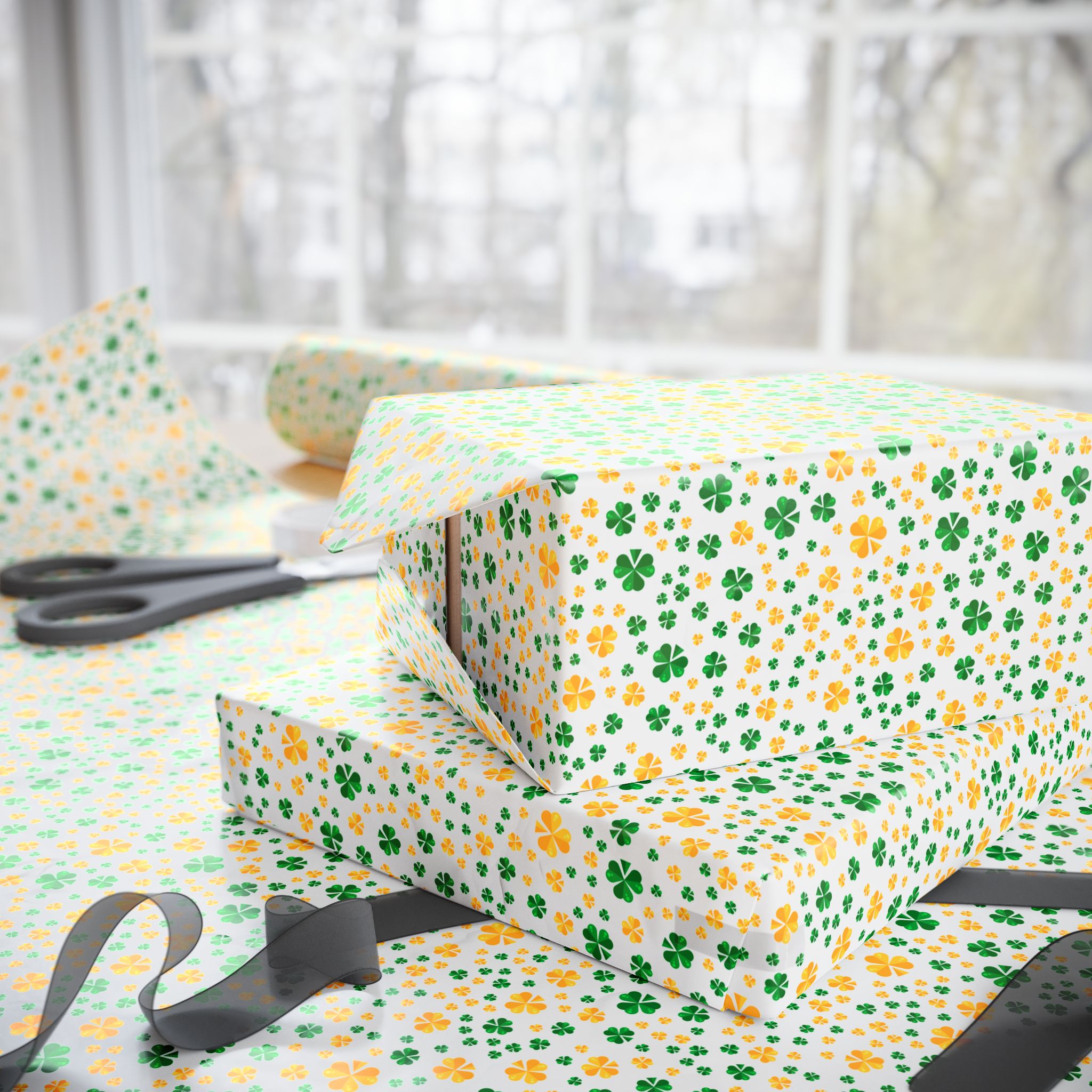 St Patrick's Day Green & Gold Clover Wrapping Paper | Holiday Gift Wrapping Paper Roll