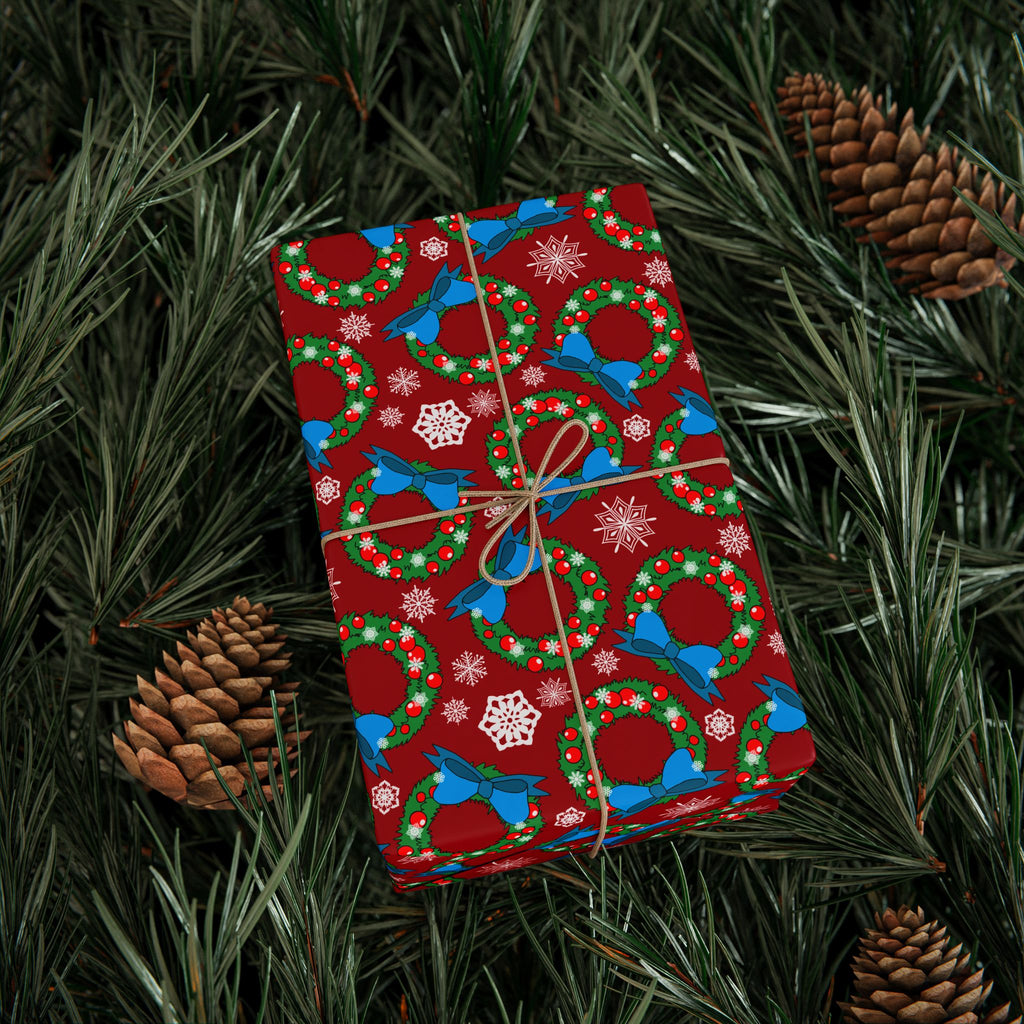 Christmas Snowy Wreaths Wrapping Paper | Holiday Gift Wrapping Paper Roll