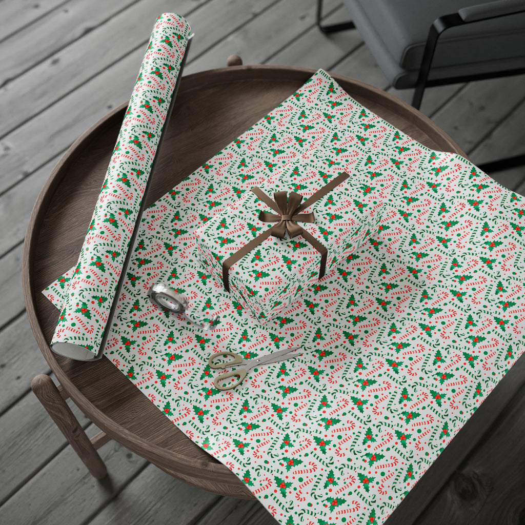 Christmas Candy Cane Holly Wrapping Paper | Holiday Gift Wrapping Paper Roll
