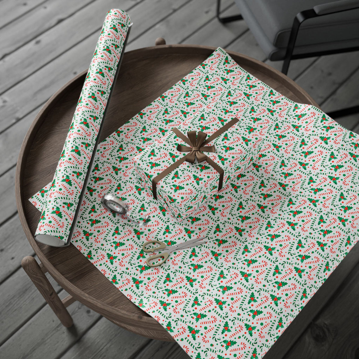 Christmas Candy Cane Holly Wrapping Paper | Holiday Gift Wrapping Paper Roll
