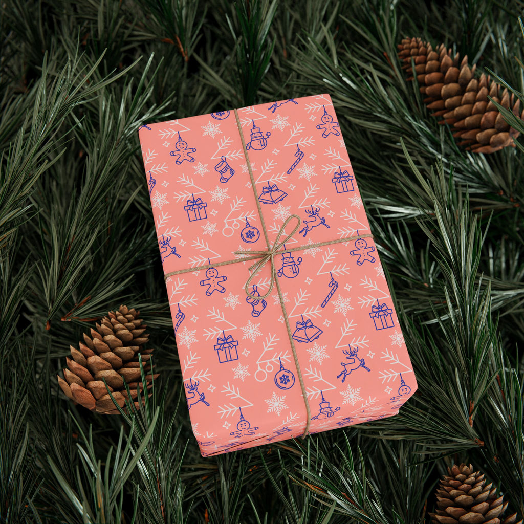 Christmas Ornaments on Peach Wrapping Paper | Holiday Gift Wrapping Paper Roll