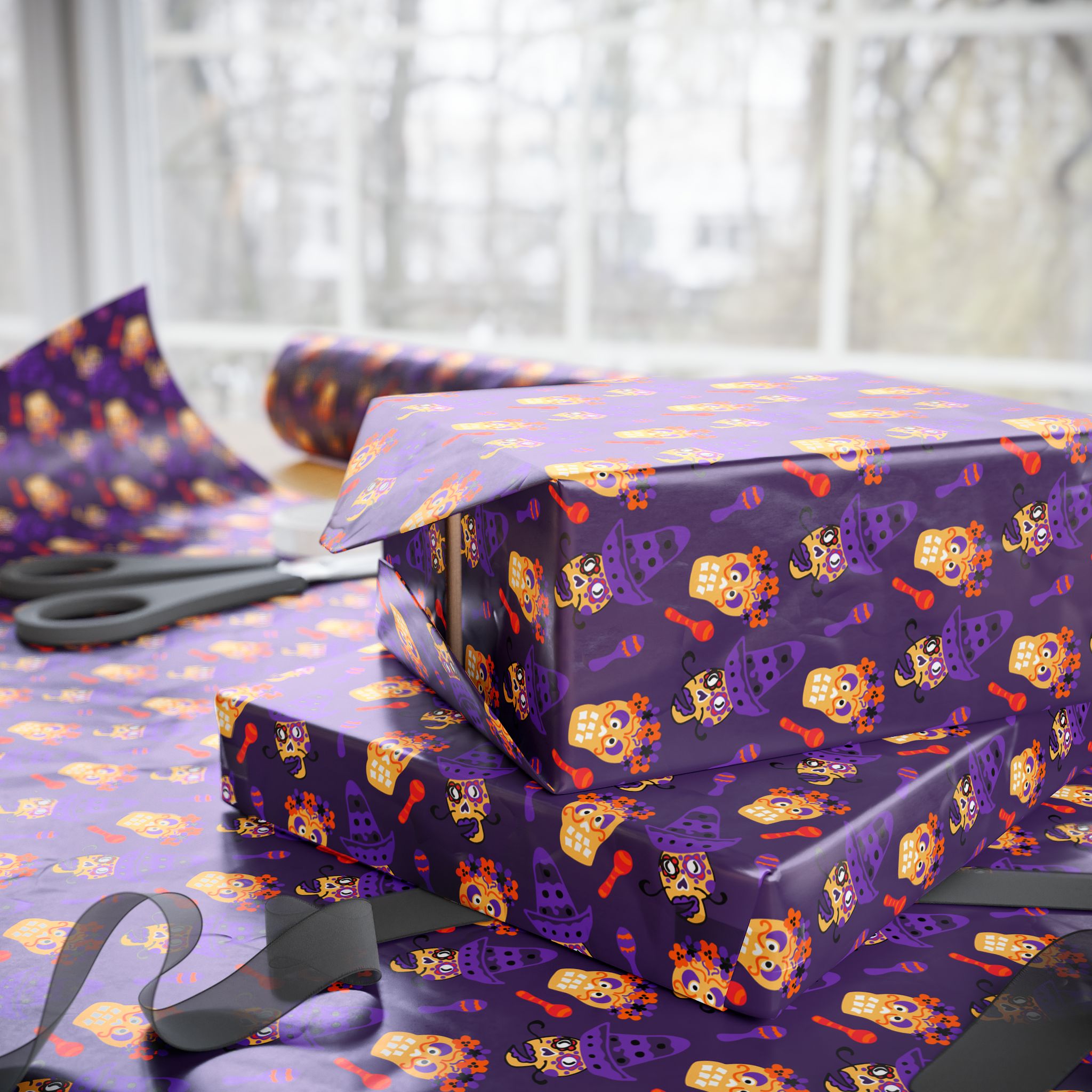 Day of the Dead Sombrero Skulls Wrapping Paper | Holiday Gift Wrapping Paper Roll