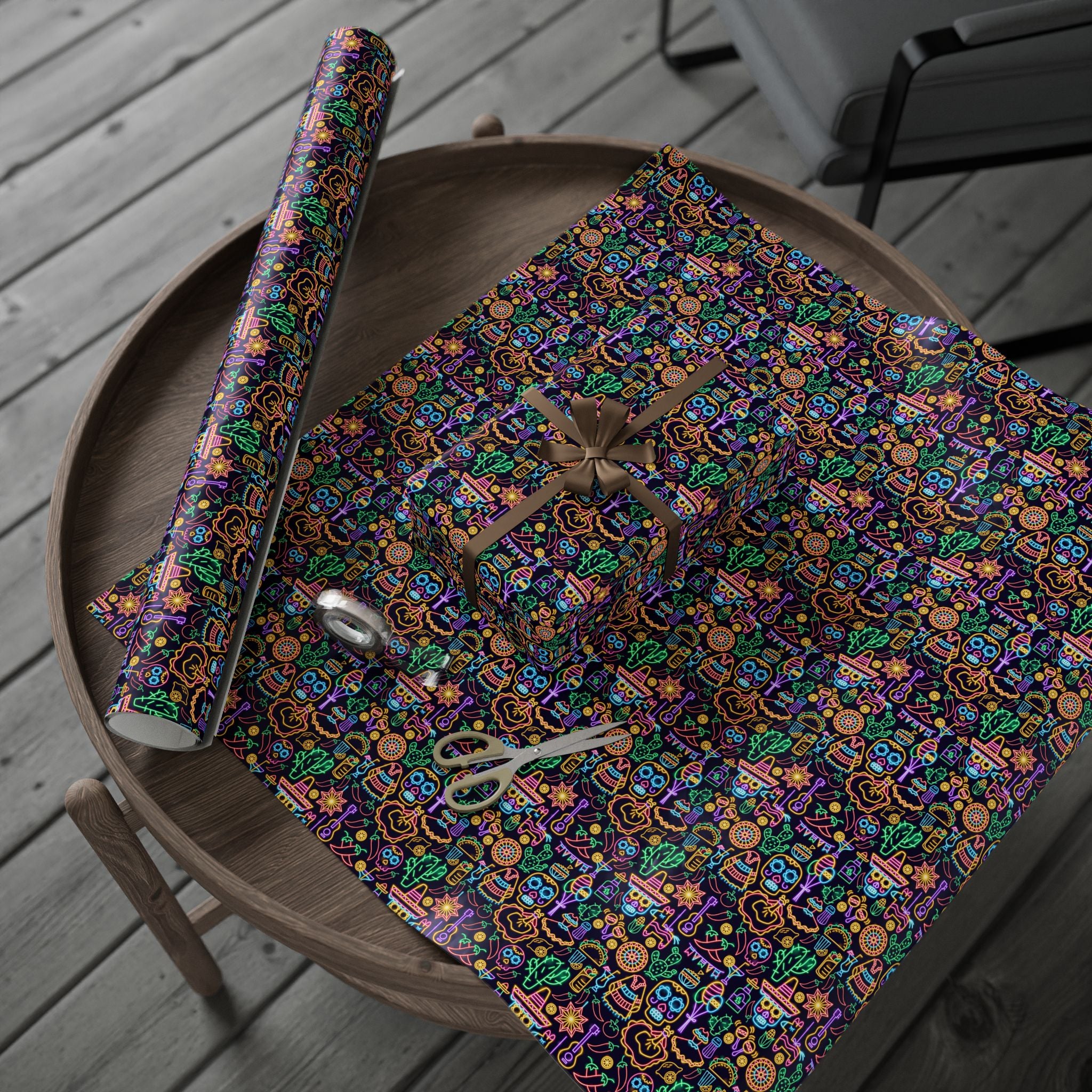 Day of the Dead Neon Icons Wrapping Paper | Holiday Gift Wrapping Paper Roll
