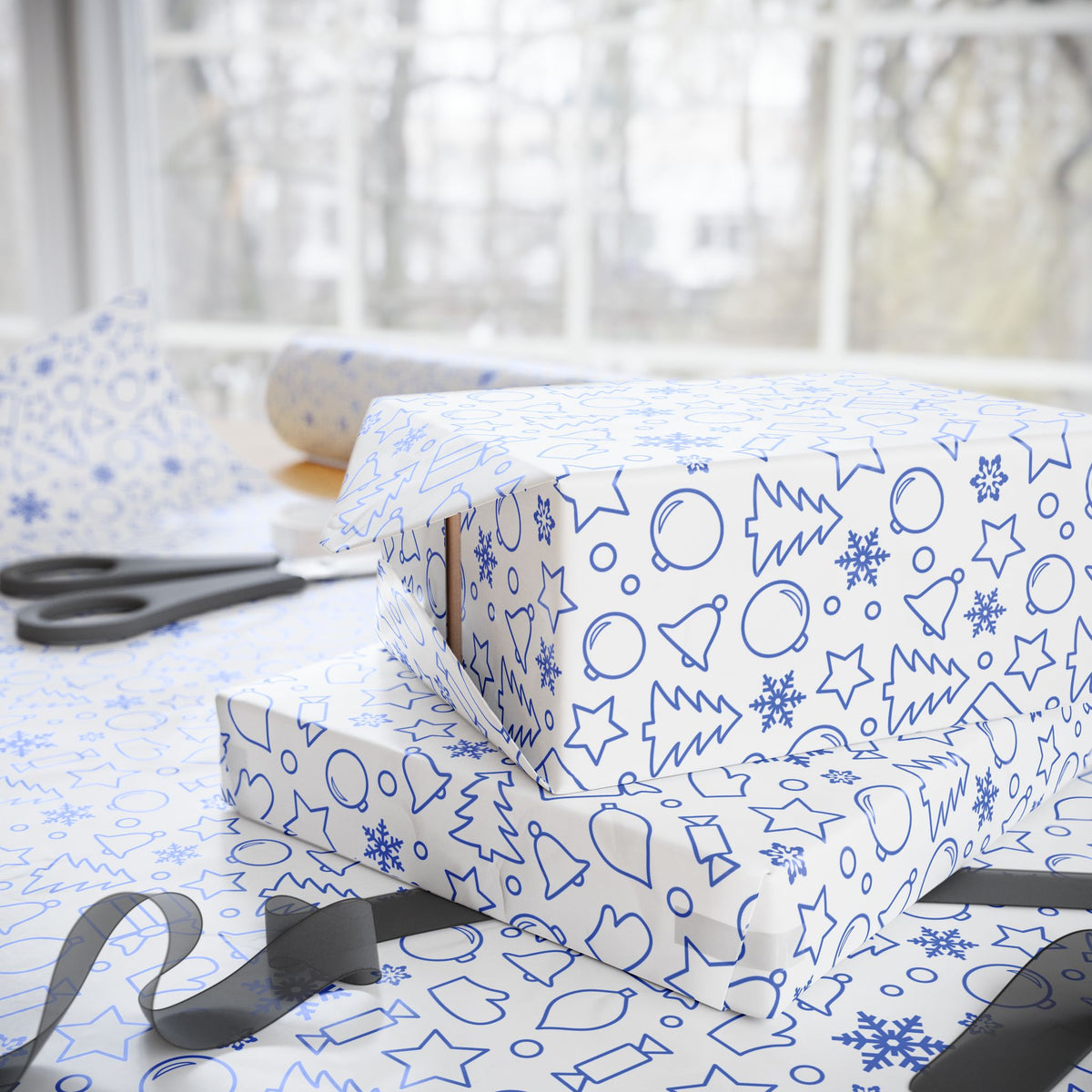 Christmas Blue Line Art Wrapping Paper | Holiday Gift Wrapping Paper