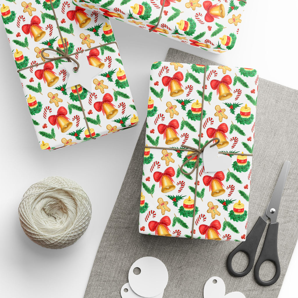 Christmas Watercolor Bells Wrapping Paper | Holiday Gift Wrapping Paper Roll
