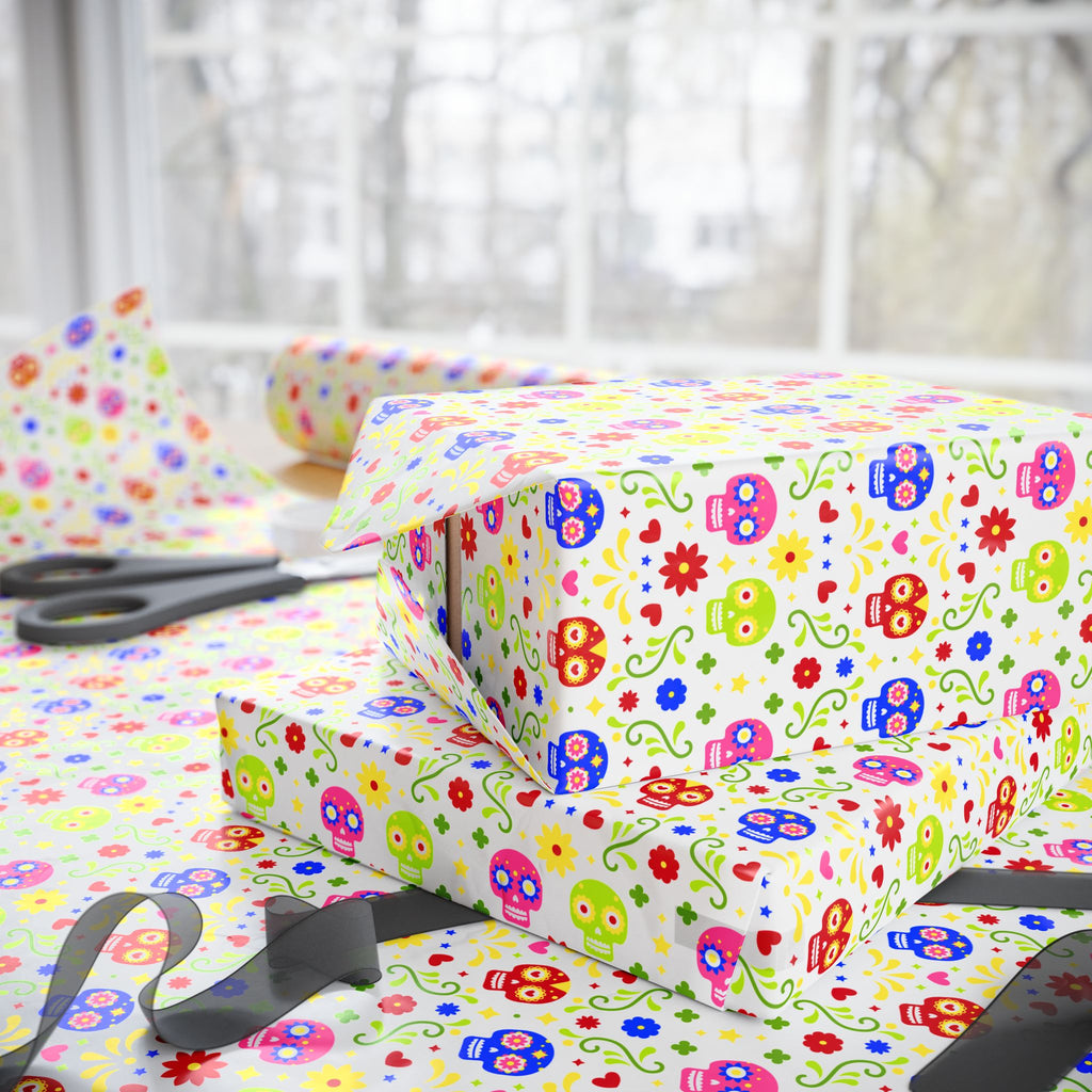Day of the Dead Multicolor Skulls Wrapping Paper | Holiday Gift Wrapping Paper Roll