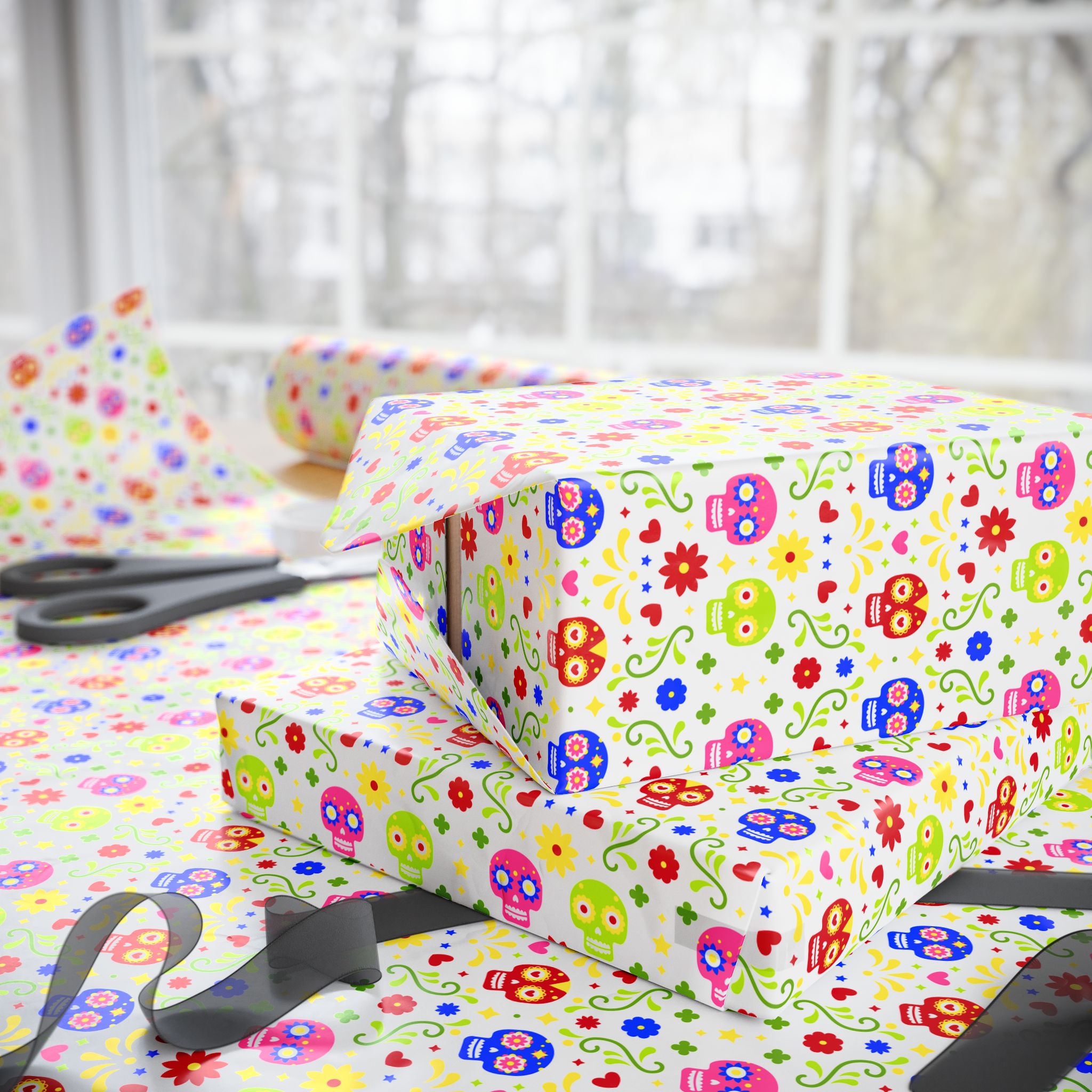 Day of the Dead Multicolor Skulls Wrapping Paper | Holiday Gift Wrapping Paper Roll
