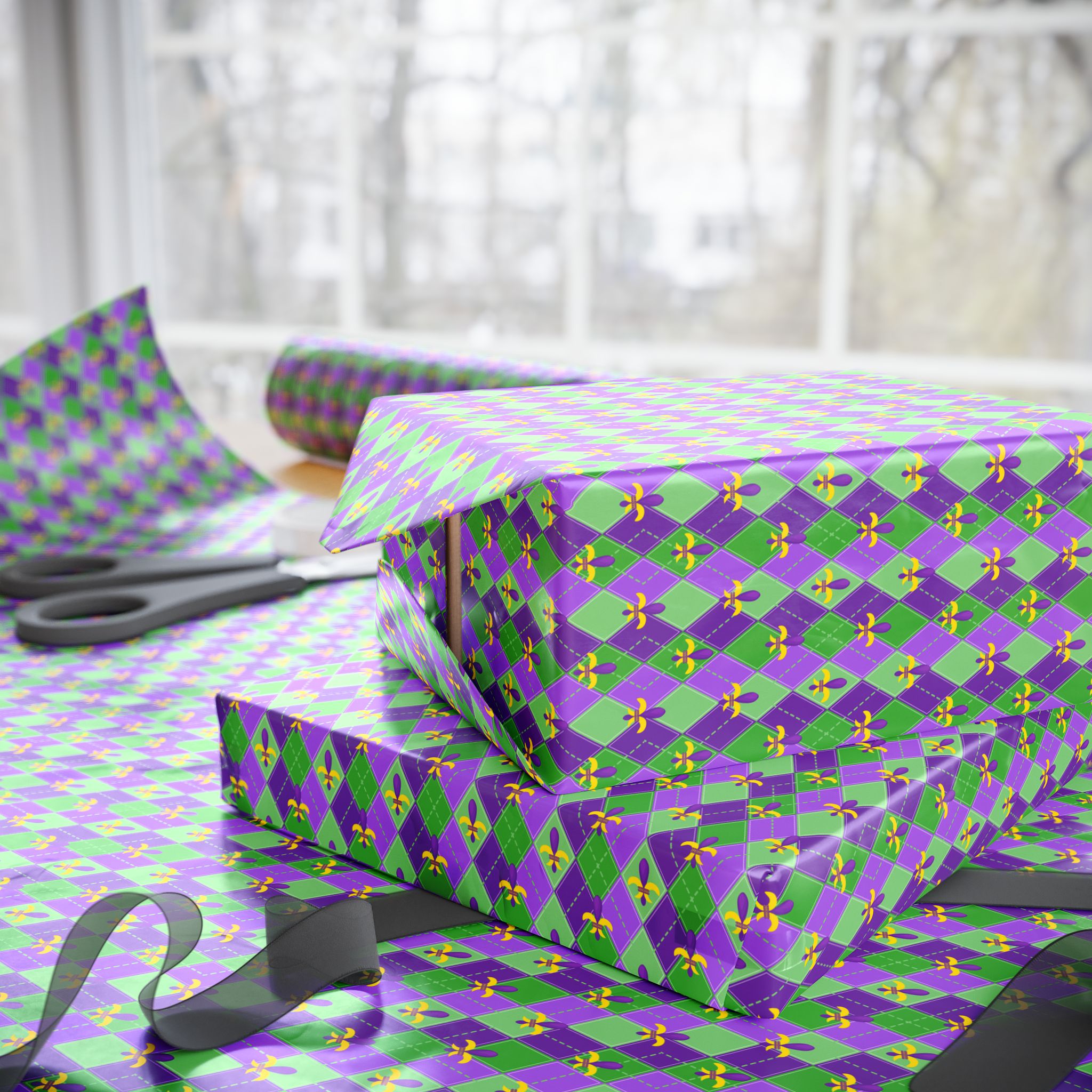Mardis Gras Purple Checkerboard Wrapping Paper | Holiday Gift Wrapping Paper Roll