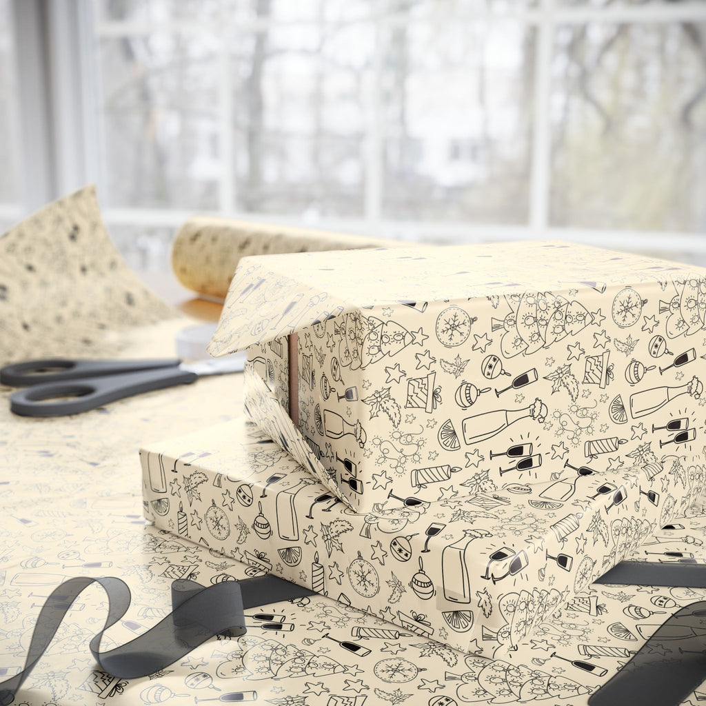 New Year's Line Art Celebration Wrapping Paper - Holiday Gift Wrapping Paper Roll
