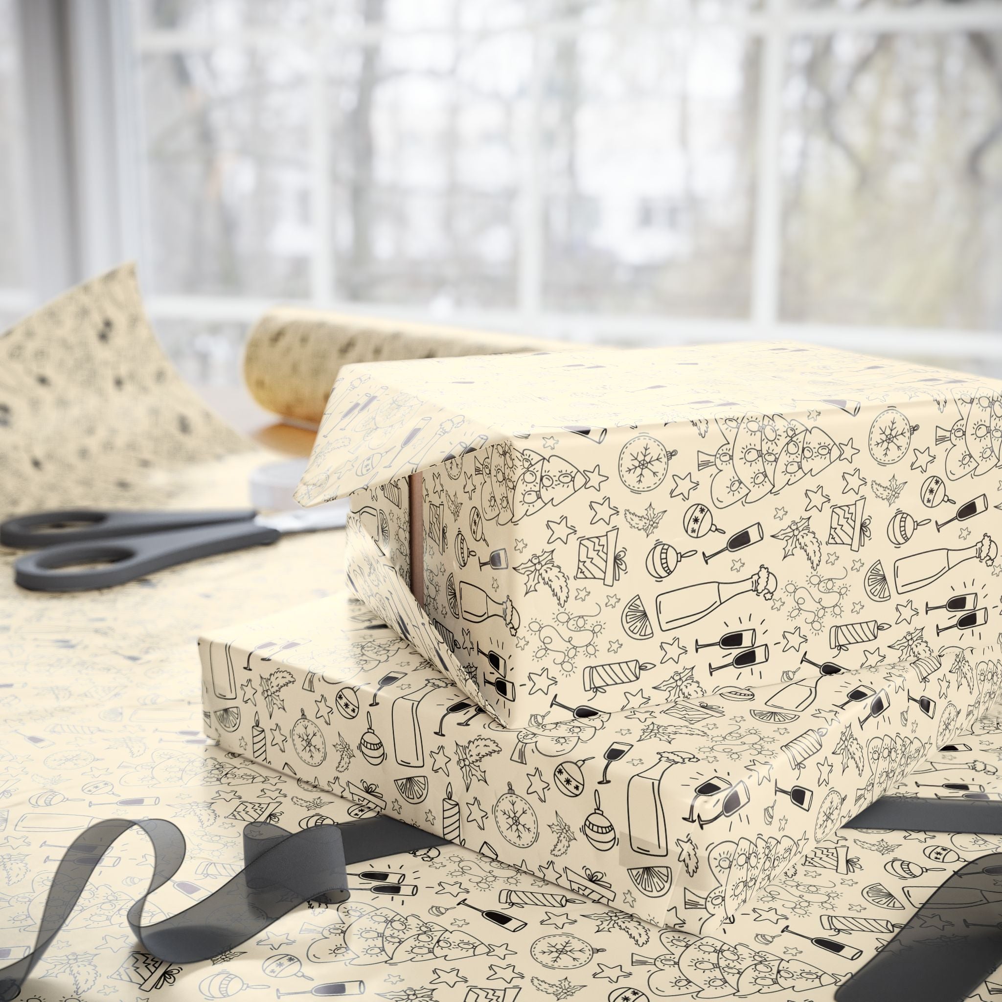 New Year's Line Art Celebration Wrapping Paper - Holiday Gift Wrapping Paper Roll