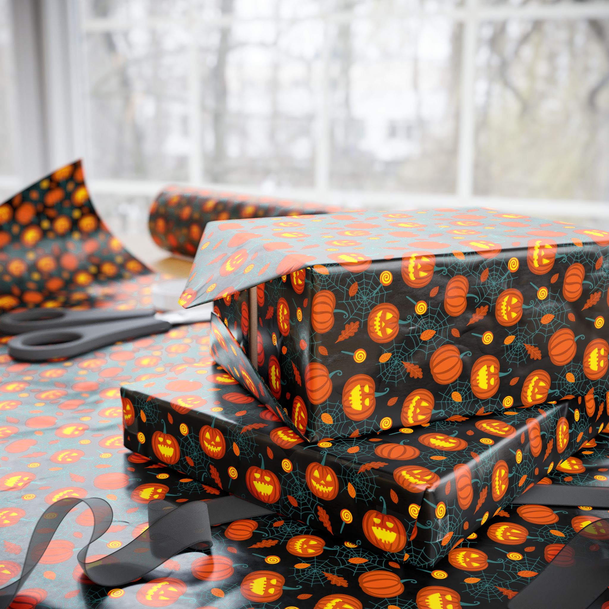Halloween Web Pumpkins Wrapping Paper | Holiday Gift Wrapping Paper Roll