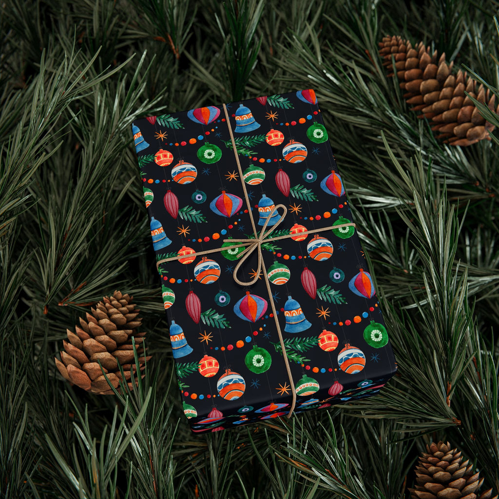 Christmas Watercolor Ornaments Wrapping Paper | Holiday Gift Wrapping Paper Roll