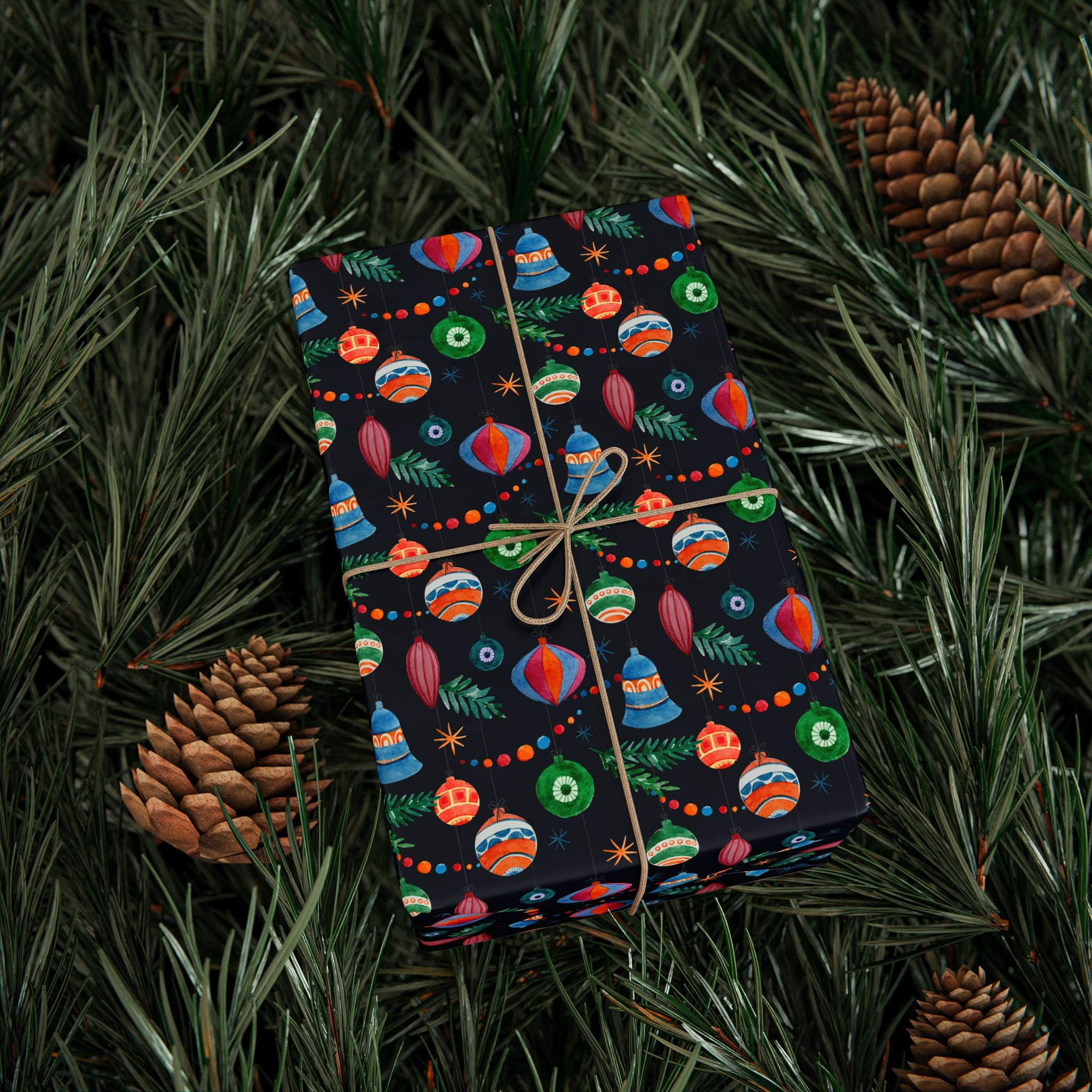 Christmas Watercolor Ornaments Wrapping Paper | Holiday Gift Wrapping Paper Roll