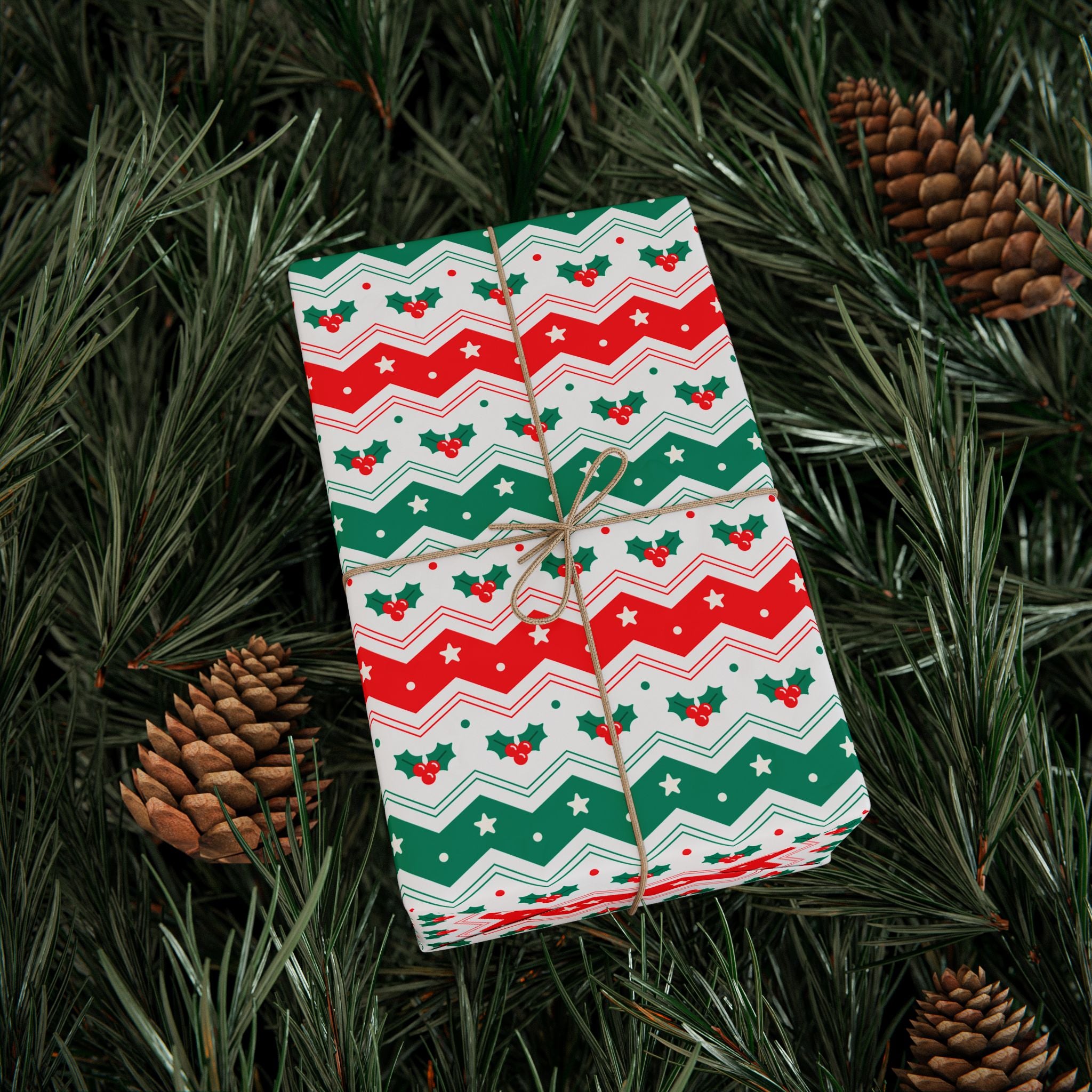 Christmas Boughs of Holly Chevron Wrapping Papers | Holiday Gift Wrapping Paper Roll